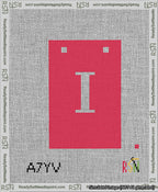 A taped needlepoint canvas with the design: Banner 13 mesh count Squared I White on Red.