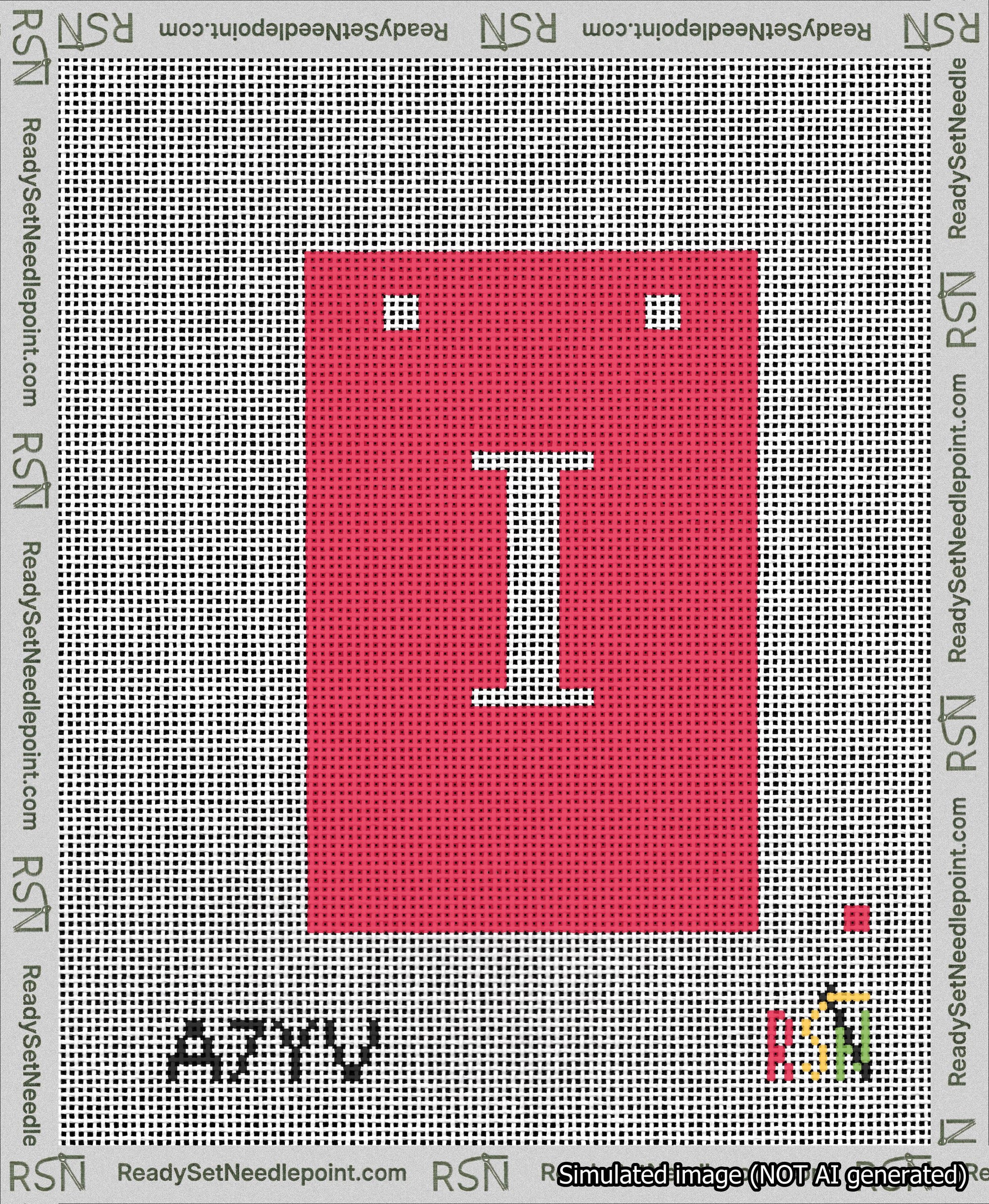 A taped needlepoint canvas with the design: Banner 13 mesh count Squared I White on Red.