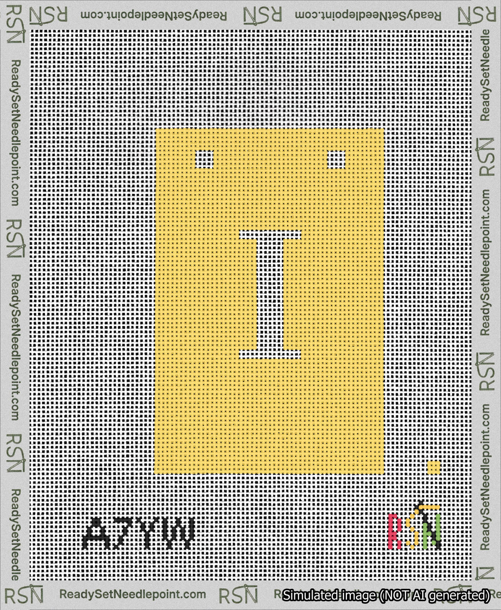 A taped needlepoint canvas with the design: Banner 13 mesh count Squared I White on Yellow.