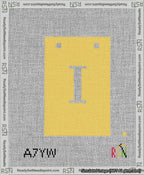A taped needlepoint canvas with the design: Banner 13 mesh count Squared I White on Yellow.