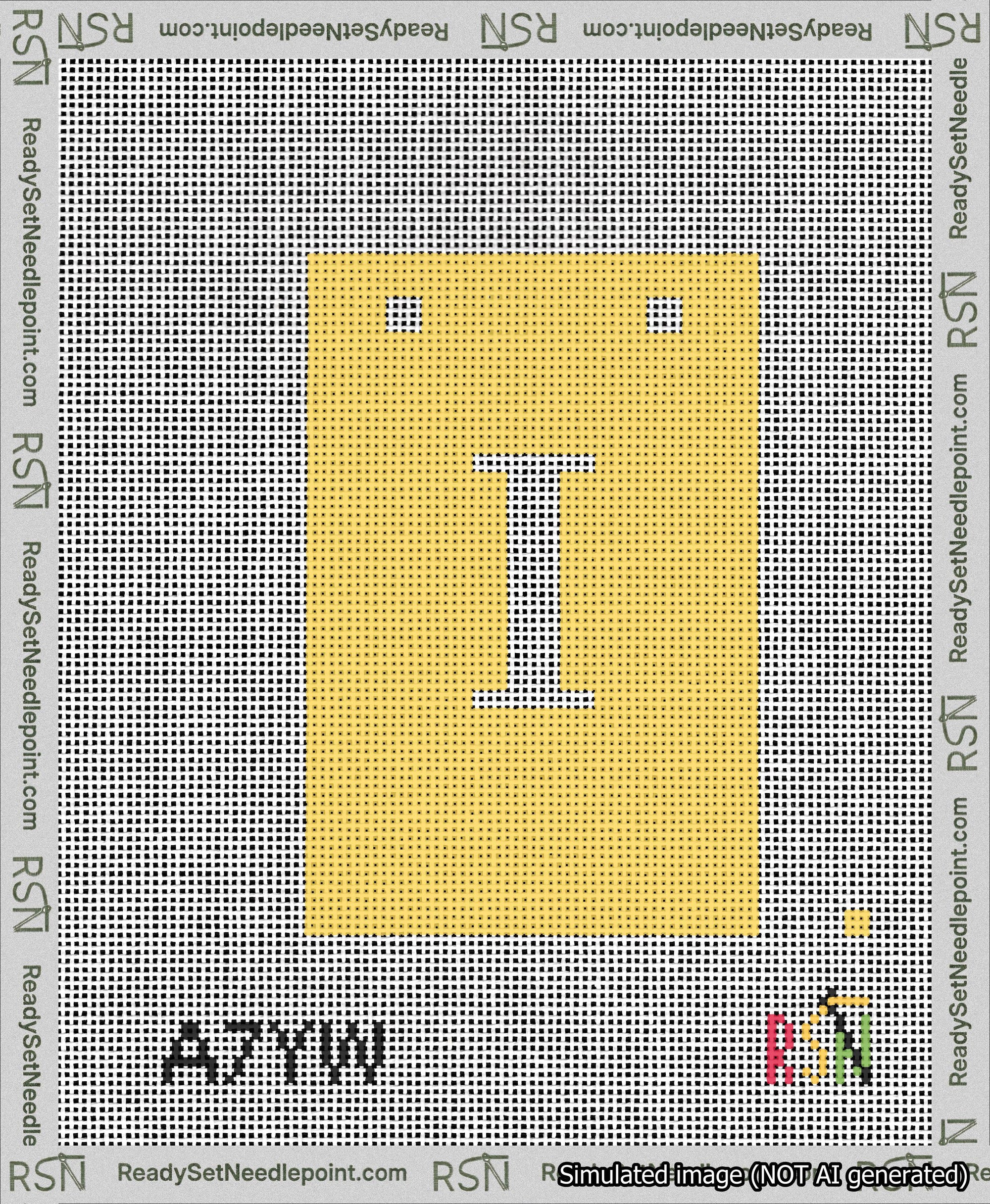 A taped needlepoint canvas with the design: Banner 13 mesh count Squared I White on Yellow.
