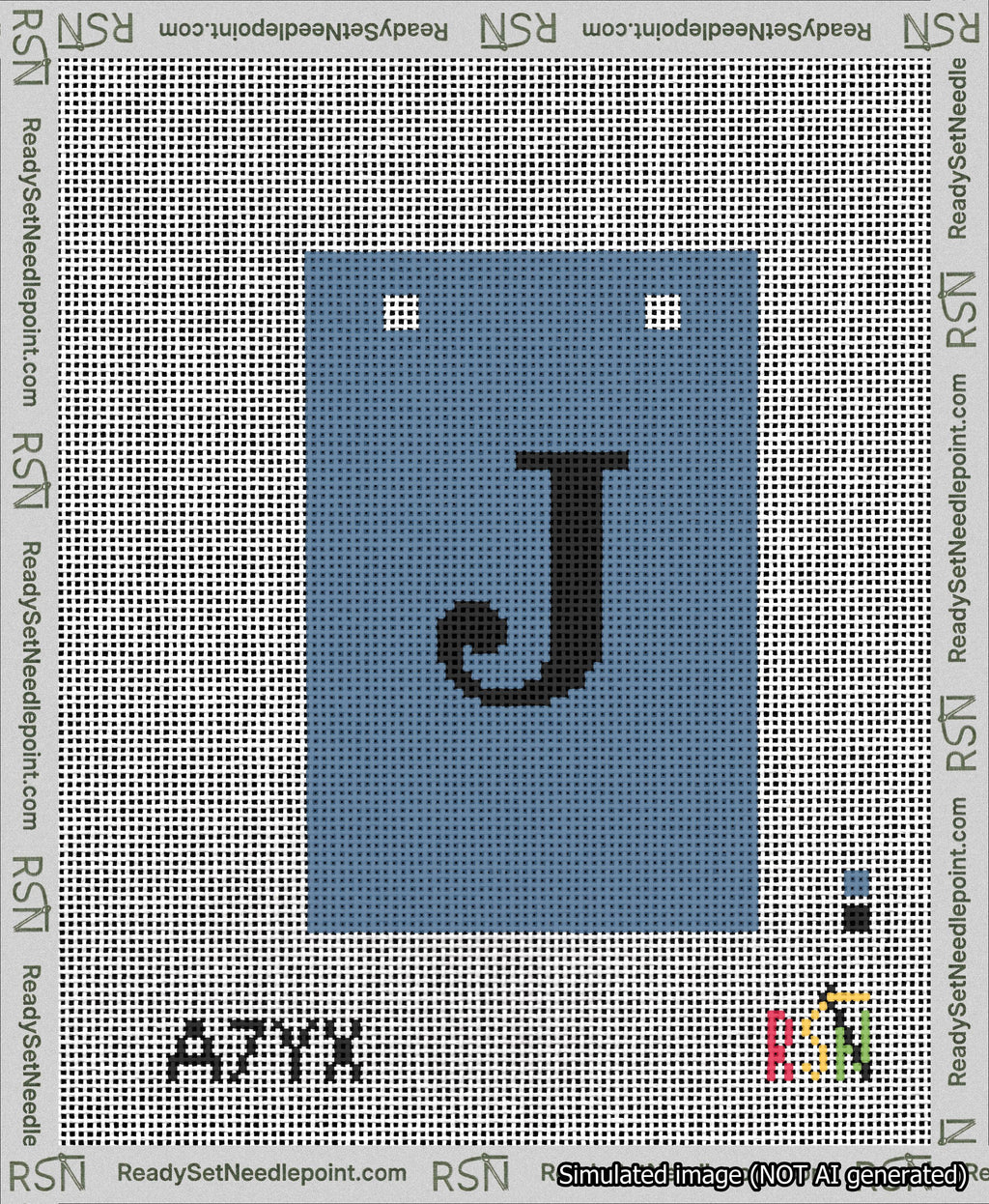 A taped needlepoint canvas with the design: Banner 13 mesh count Squared J Black on Blue.