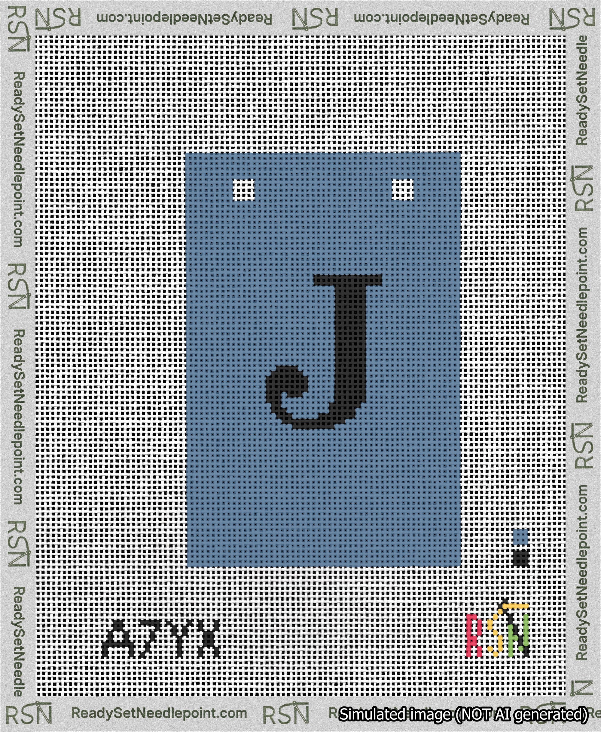 A taped needlepoint canvas with the design: Banner 13 mesh count Squared J Black on Blue.