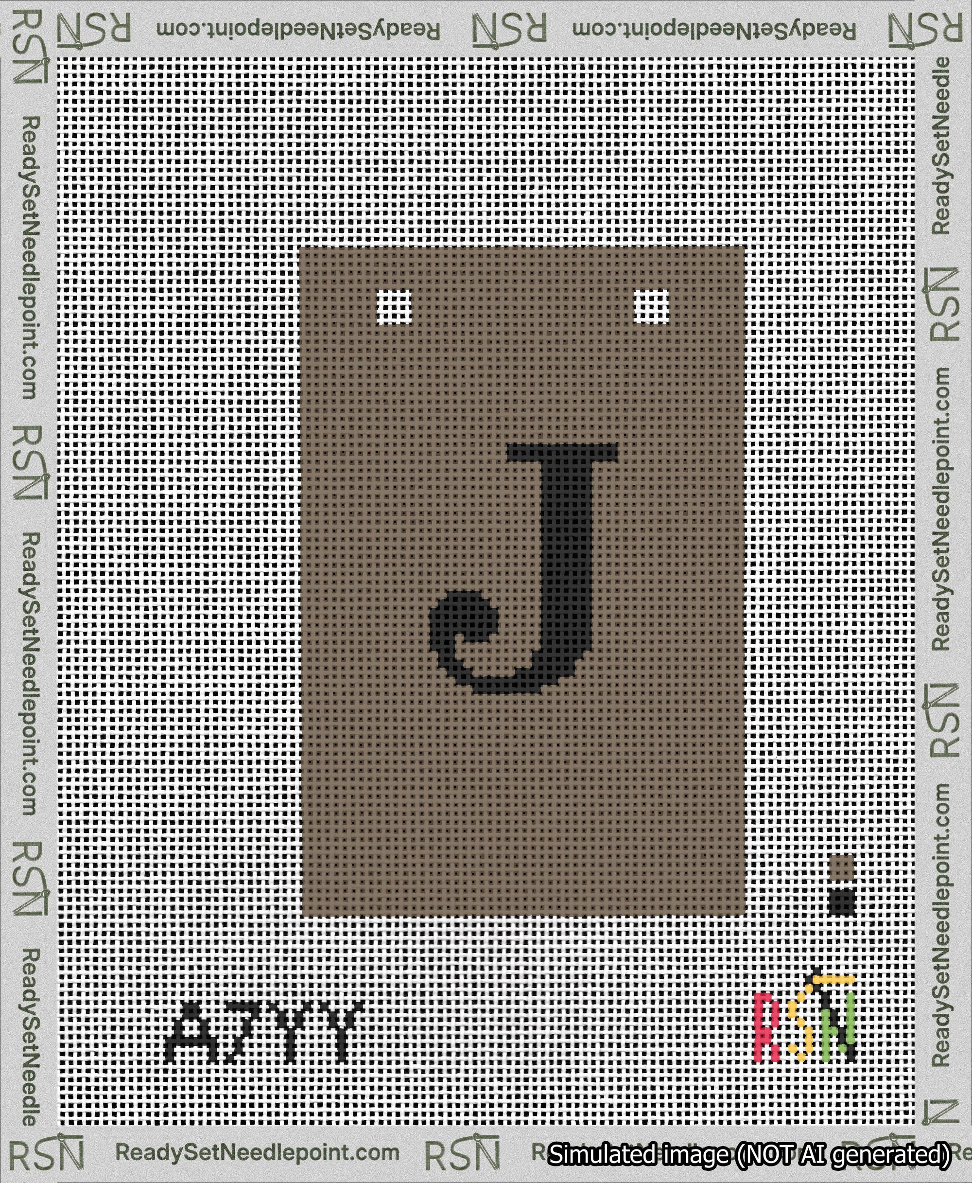 A taped needlepoint canvas with the design: Banner 13 mesh count Squared J Black on Brown.