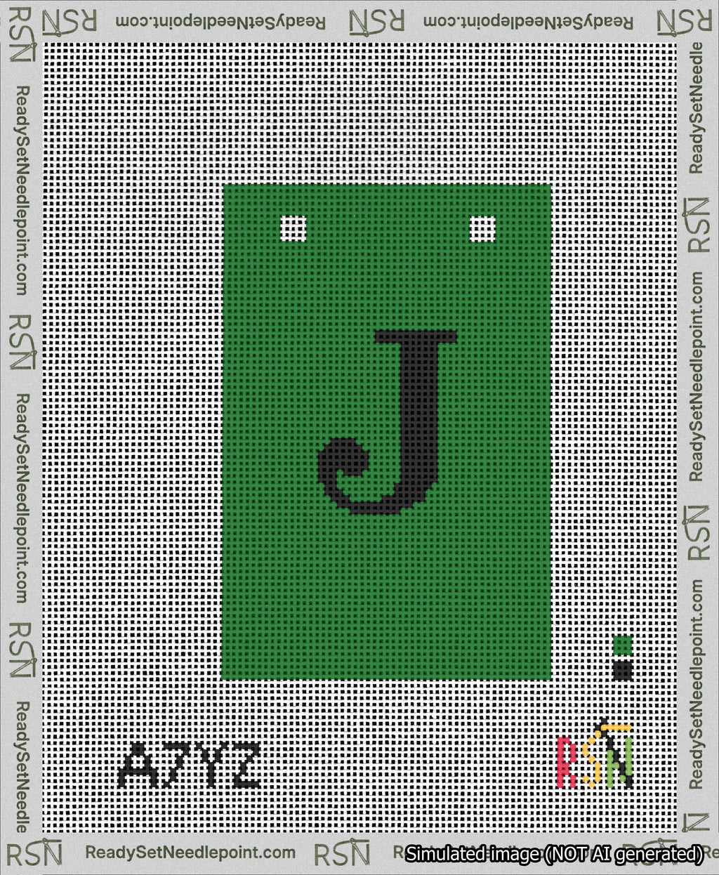 A taped needlepoint canvas with the design: Banner 13 mesh count Squared J Black on Green.