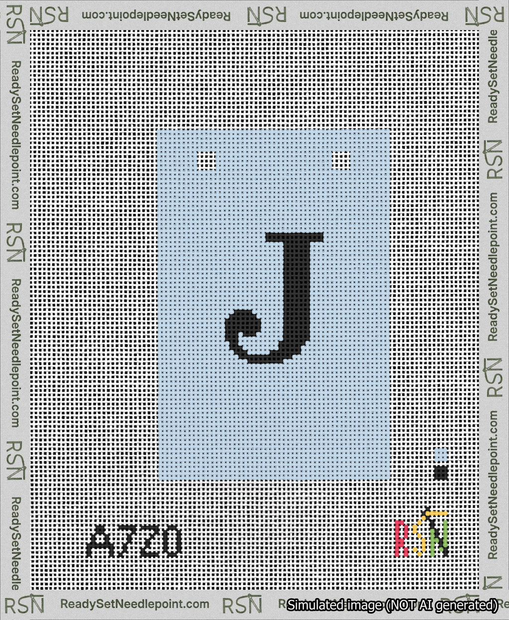 A taped needlepoint canvas with the design: Banner 13 mesh count Squared J Black on Light Blue.
