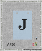 A taped needlepoint canvas with the design: Banner 13 mesh count Squared J Black on Light Blue.