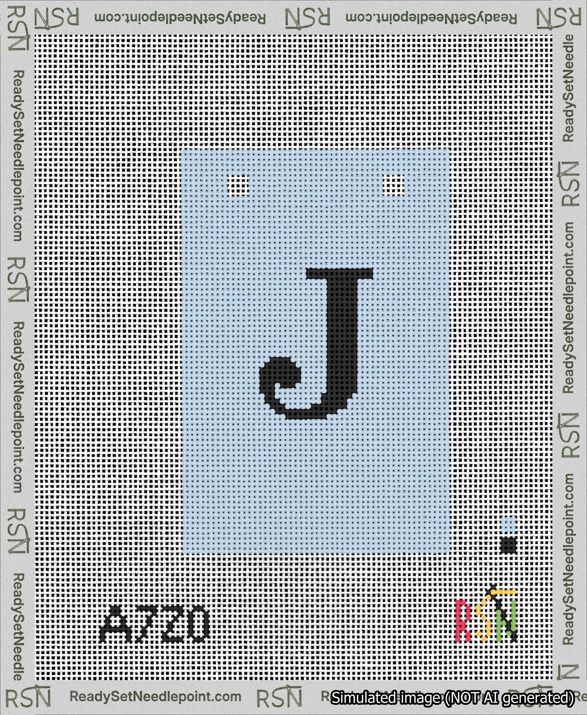 A taped needlepoint canvas with the design: Banner 13 mesh count Squared J Black on Light Blue.