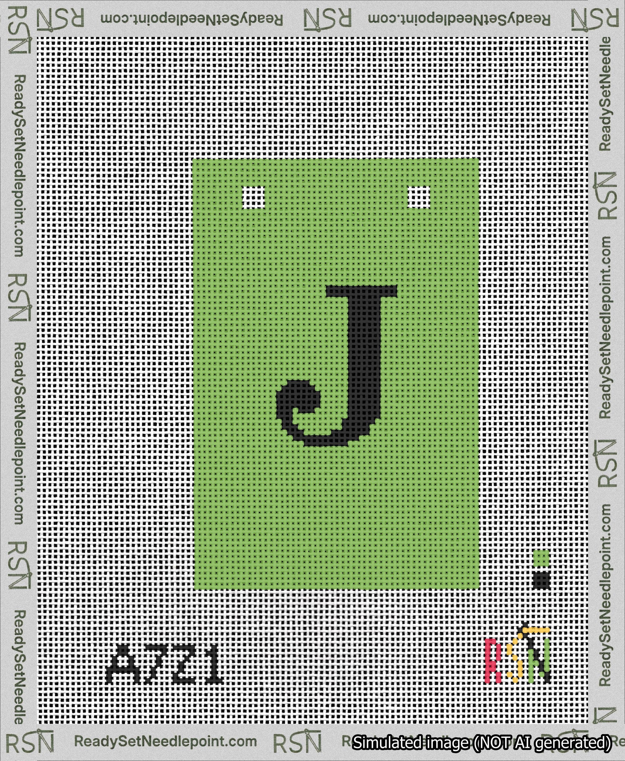 A taped needlepoint canvas with the design: Banner 13 mesh count Squared J Black on Light Green.