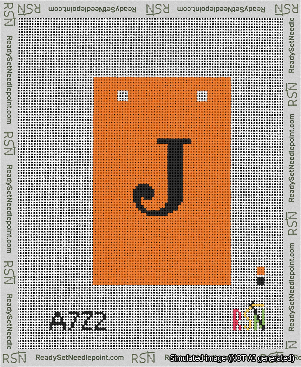 A taped needlepoint canvas with the design: Banner 13 mesh count Squared J Black on Orange.
