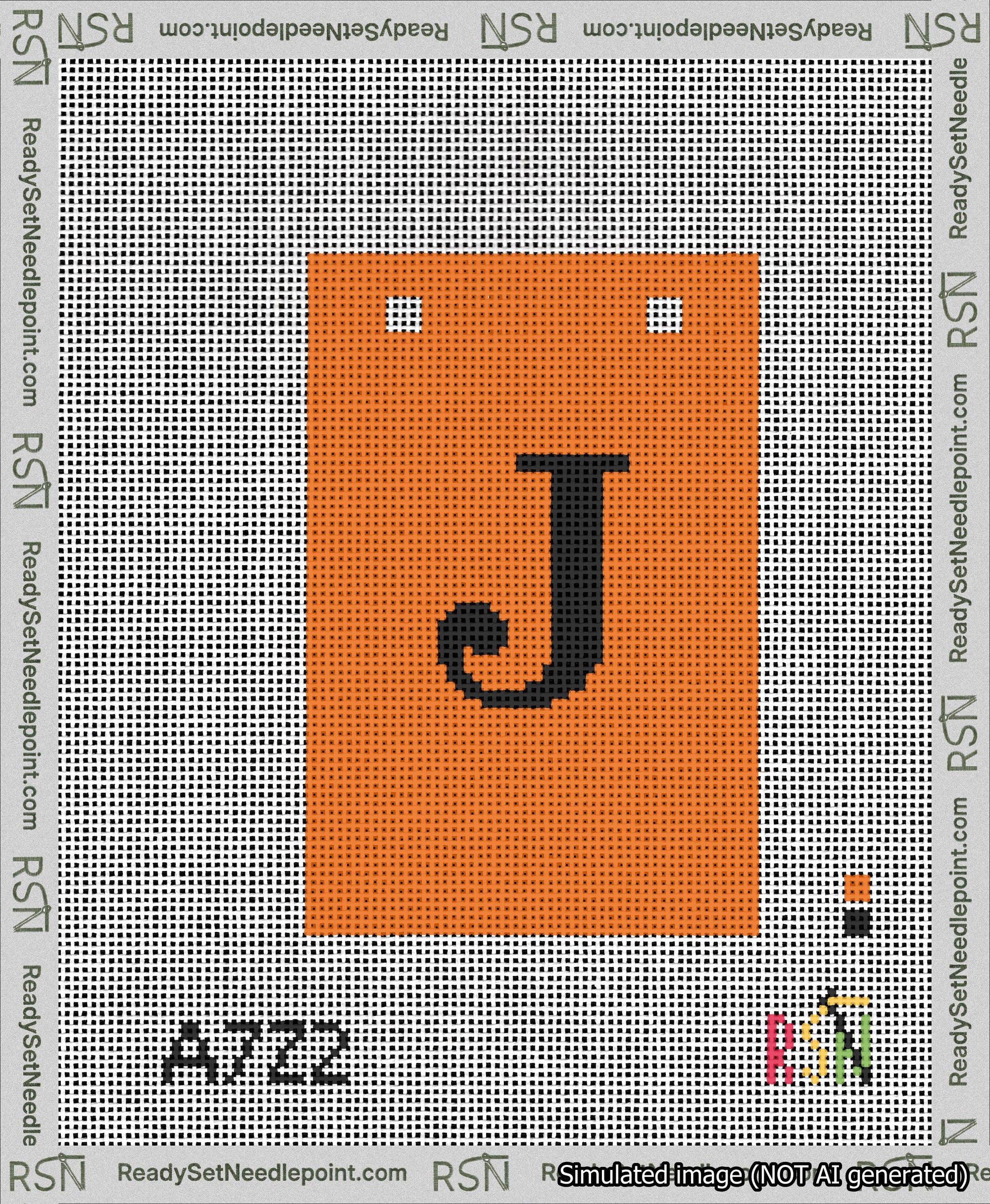 A taped needlepoint canvas with the design: Banner 13 mesh count Squared J Black on Orange.