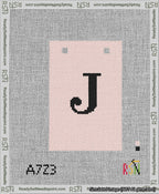 A taped needlepoint canvas with the design: Banner 13 mesh count Squared J Black on Pink.