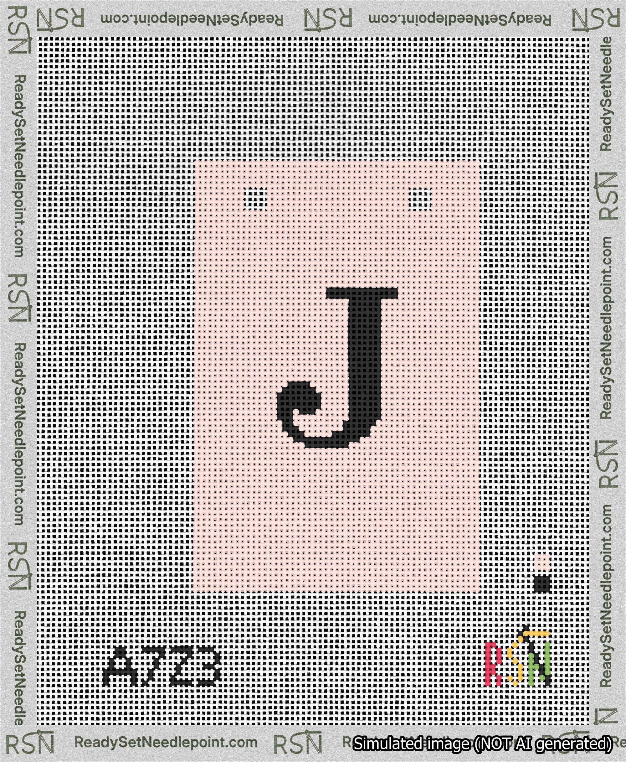 A taped needlepoint canvas with the design: Banner 13 mesh count Squared J Black on Pink.