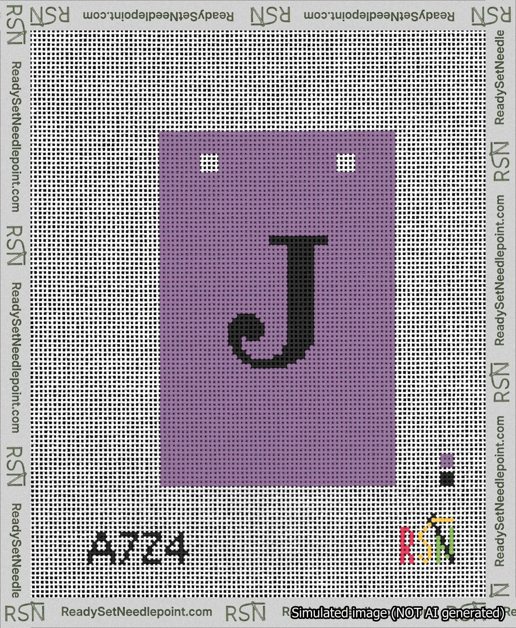 A taped needlepoint canvas with the design: Banner 13 mesh count Squared J Black on Purple.