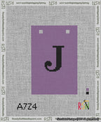 A taped needlepoint canvas with the design: Banner 13 mesh count Squared J Black on Purple.