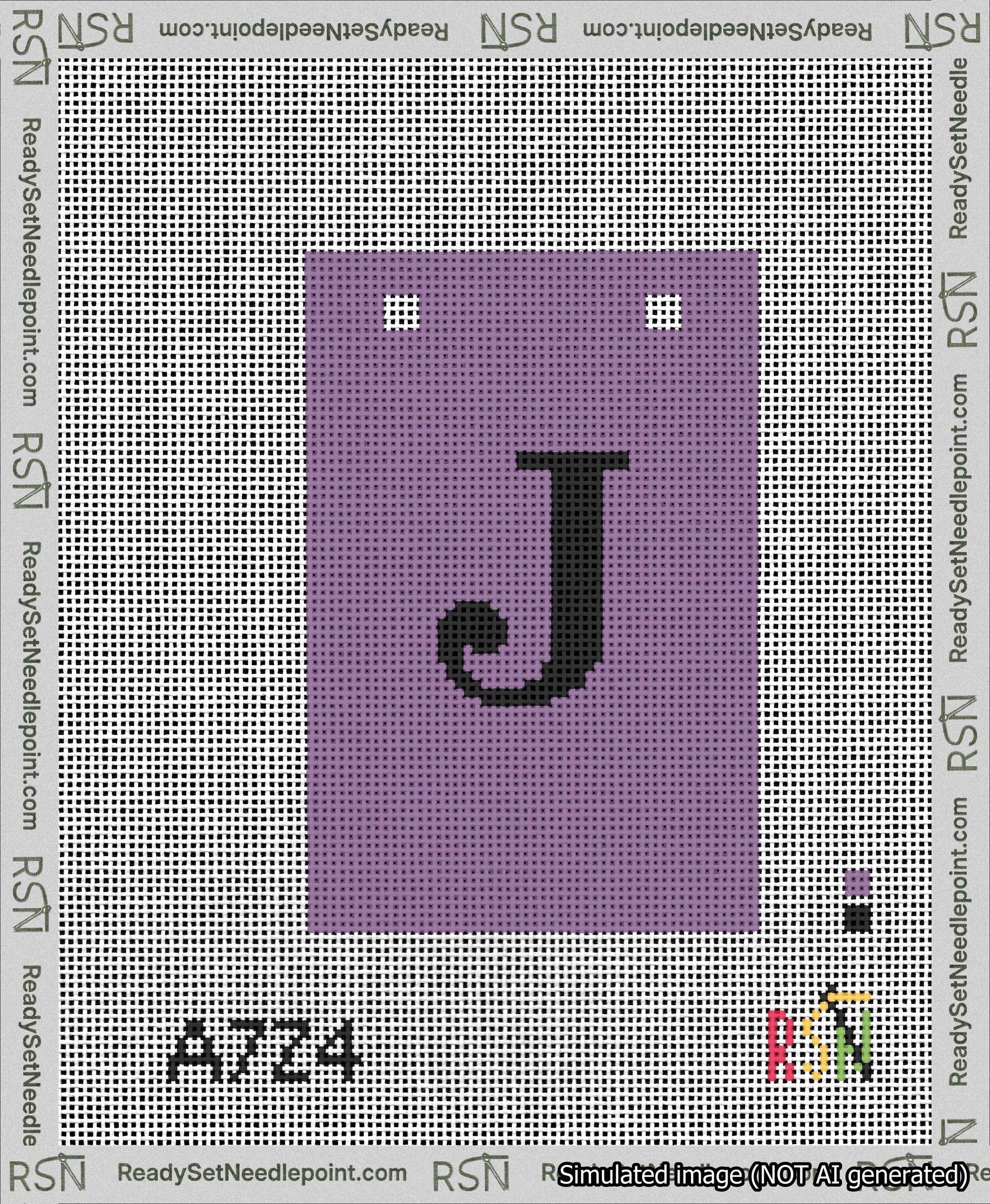 A taped needlepoint canvas with the design: Banner 13 mesh count Squared J Black on Purple.
