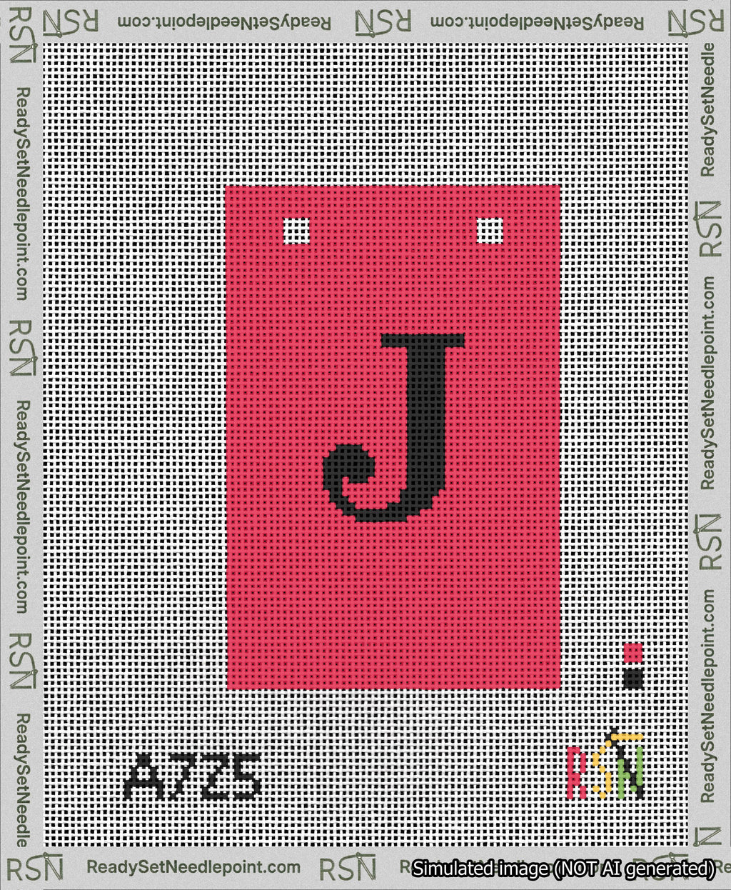 A taped needlepoint canvas with the design: Banner 13 mesh count Squared J Black on Red.