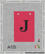 A taped needlepoint canvas with the design: Banner 13 mesh count Squared J Black on Red.