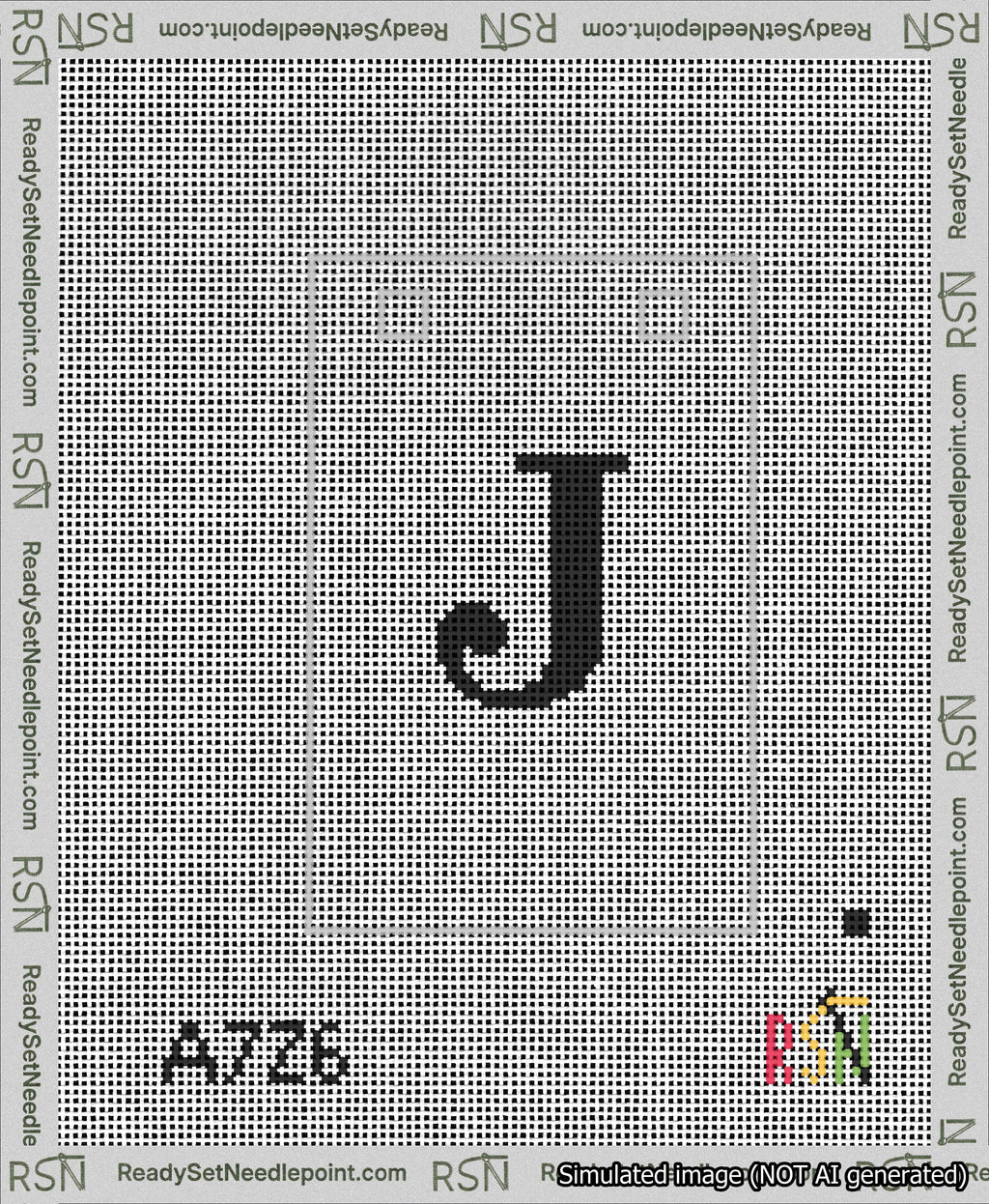 A taped needlepoint canvas with the design: Banner 13 mesh count Squared J Black on White.