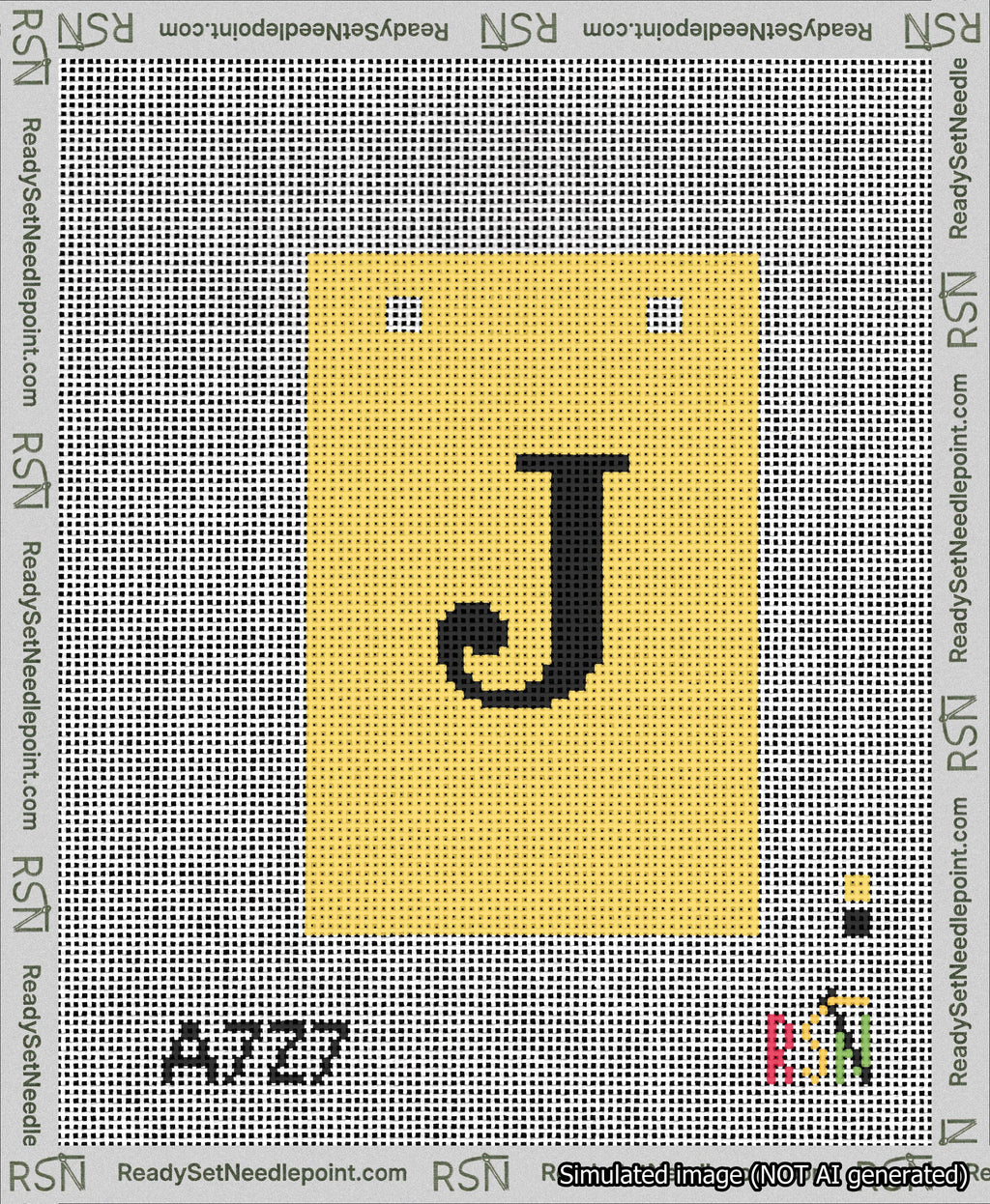 A taped needlepoint canvas with the design: Banner 13 mesh count Squared J Black on Yellow.