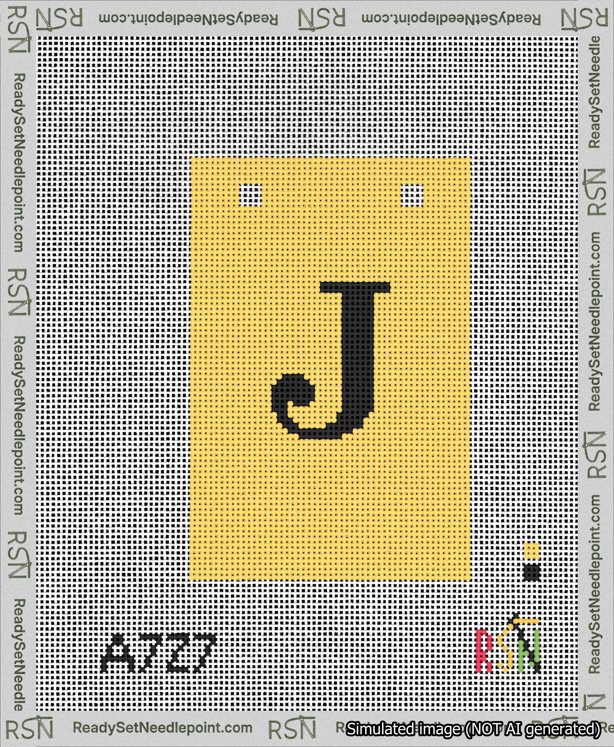 A taped needlepoint canvas with the design: Banner 13 mesh count Squared J Black on Yellow.