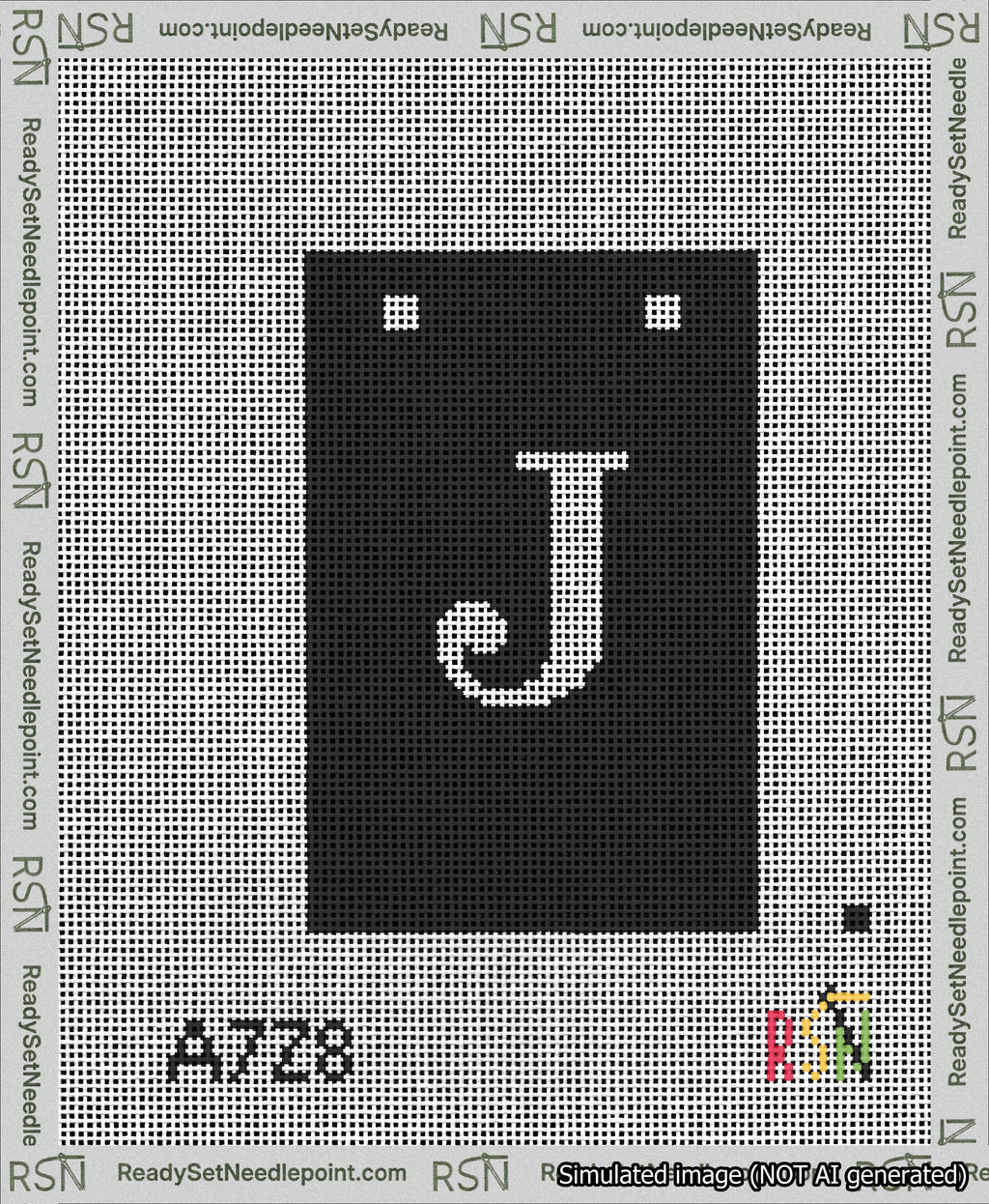 A taped needlepoint canvas with the design: Banner 13 mesh count Squared J White on Black.