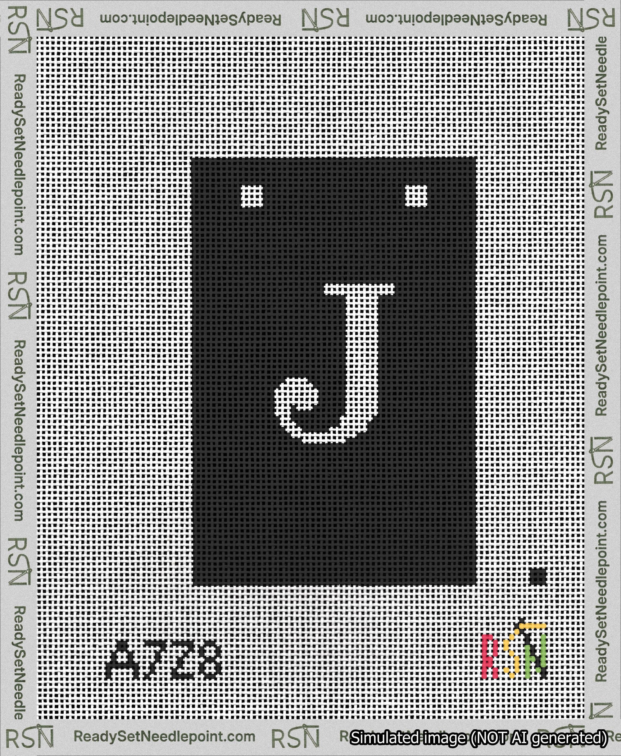 A taped needlepoint canvas with the design: Banner 13 mesh count Squared J White on Black.