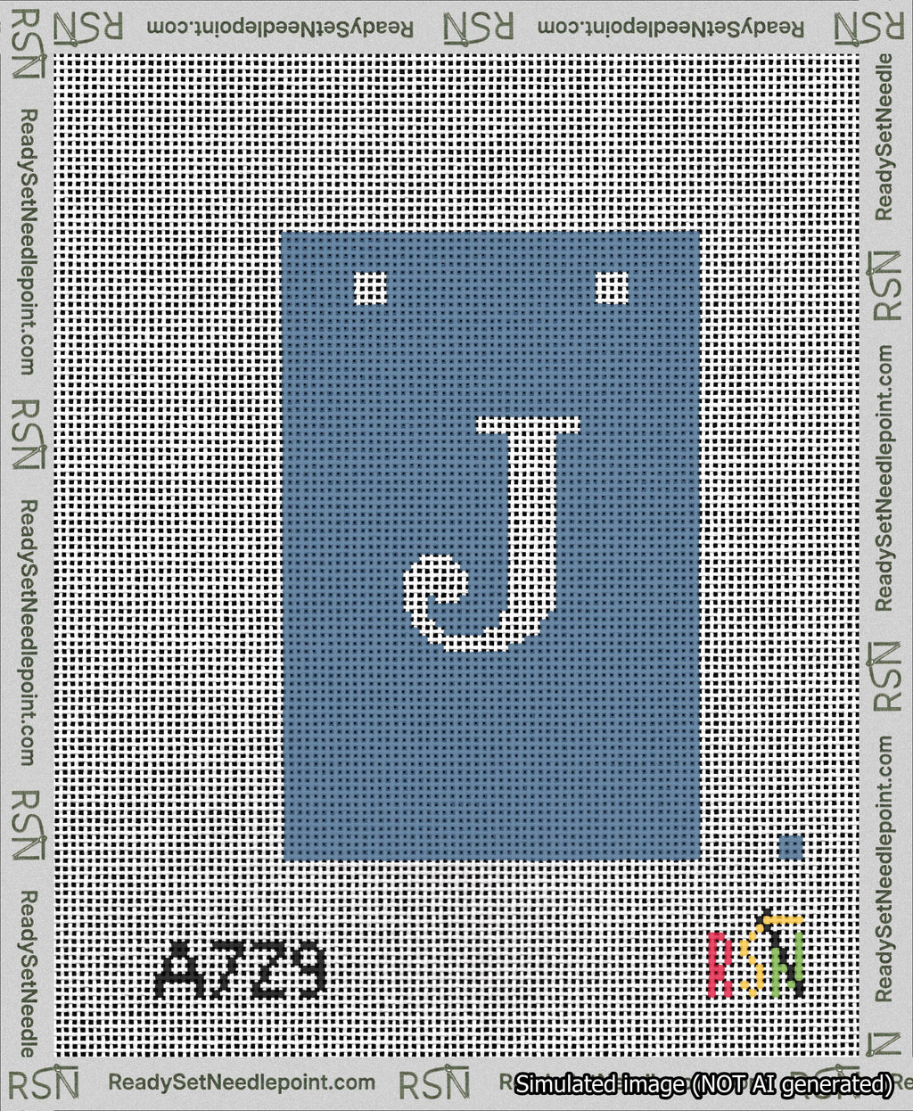 A taped needlepoint canvas with the design: Banner 13 mesh count Squared J White on Blue.