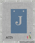 A taped needlepoint canvas with the design: Banner 13 mesh count Squared J White on Blue.