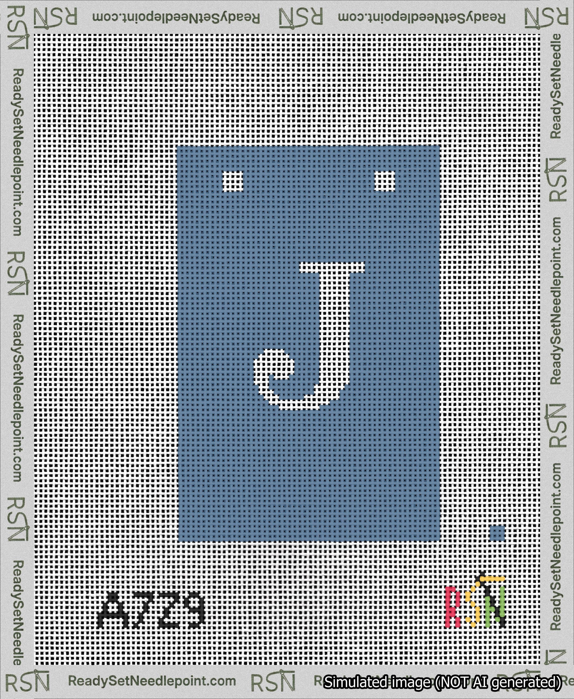 A taped needlepoint canvas with the design: Banner 13 mesh count Squared J White on Blue.
