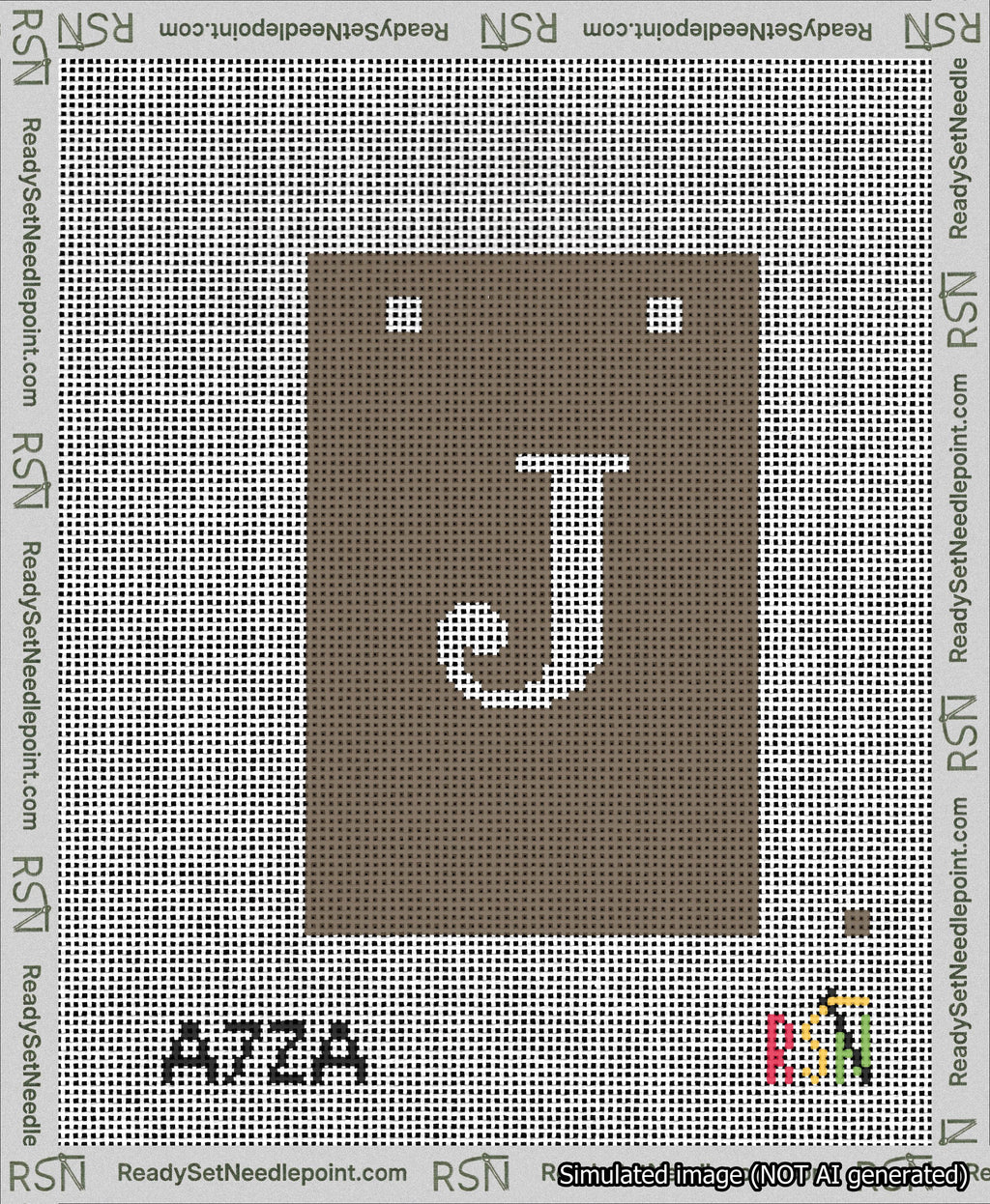 A taped needlepoint canvas with the design: Banner 13 mesh count Squared J White on Brown.