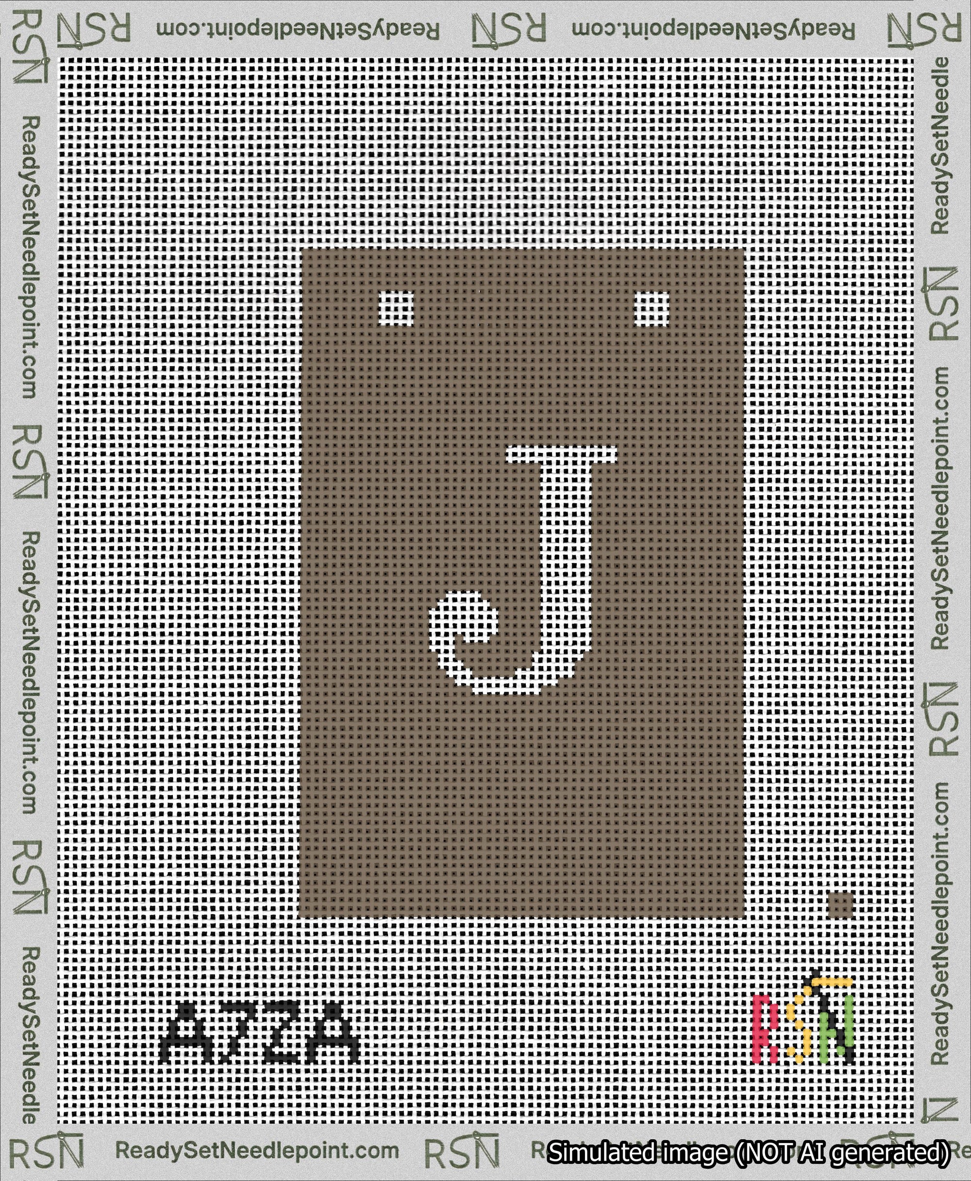 A taped needlepoint canvas with the design: Banner 13 mesh count Squared J White on Brown.