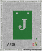 A taped needlepoint canvas with the design: Banner 13 mesh count Squared J White on Green.