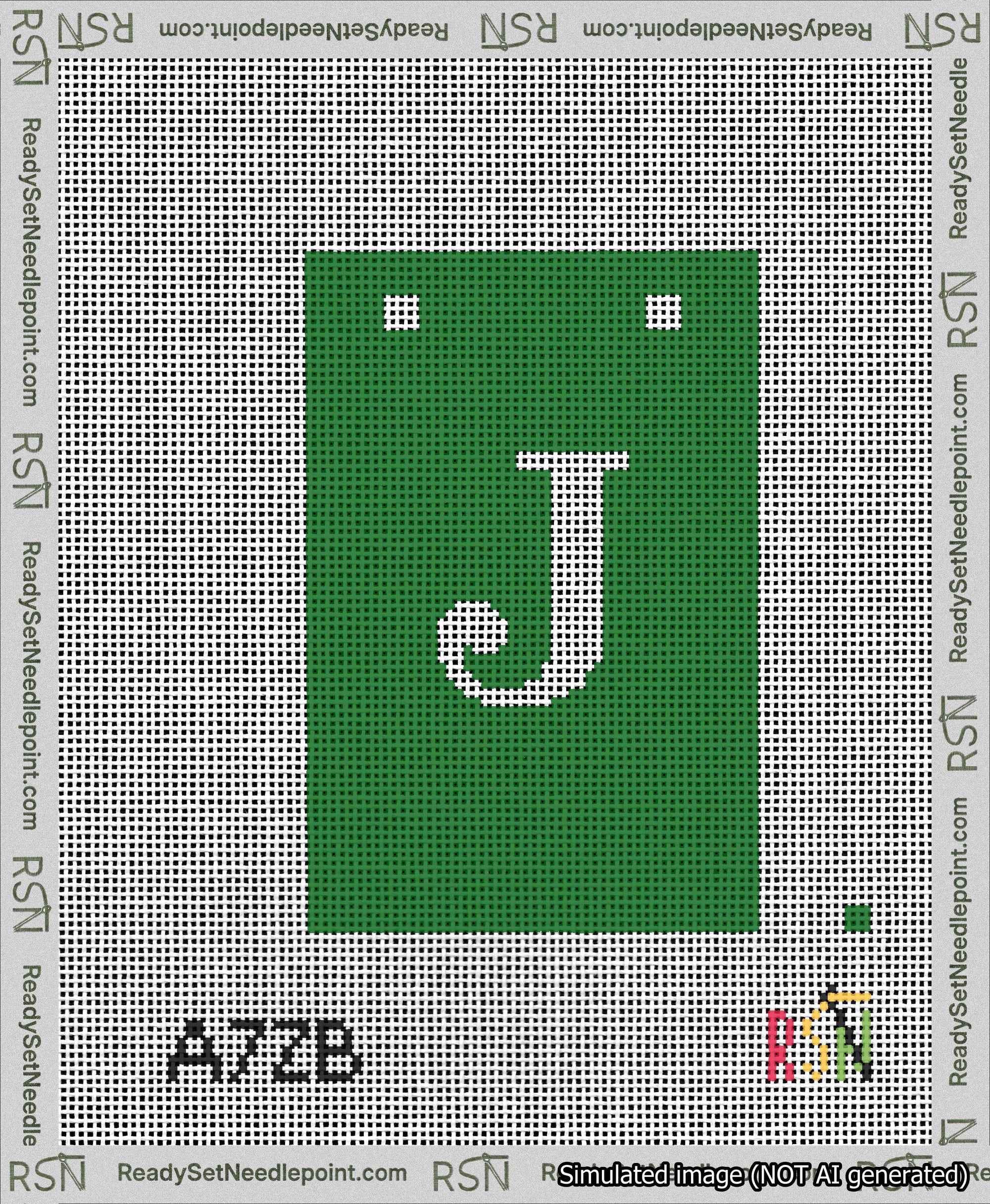 A taped needlepoint canvas with the design: Banner 13 mesh count Squared J White on Green.