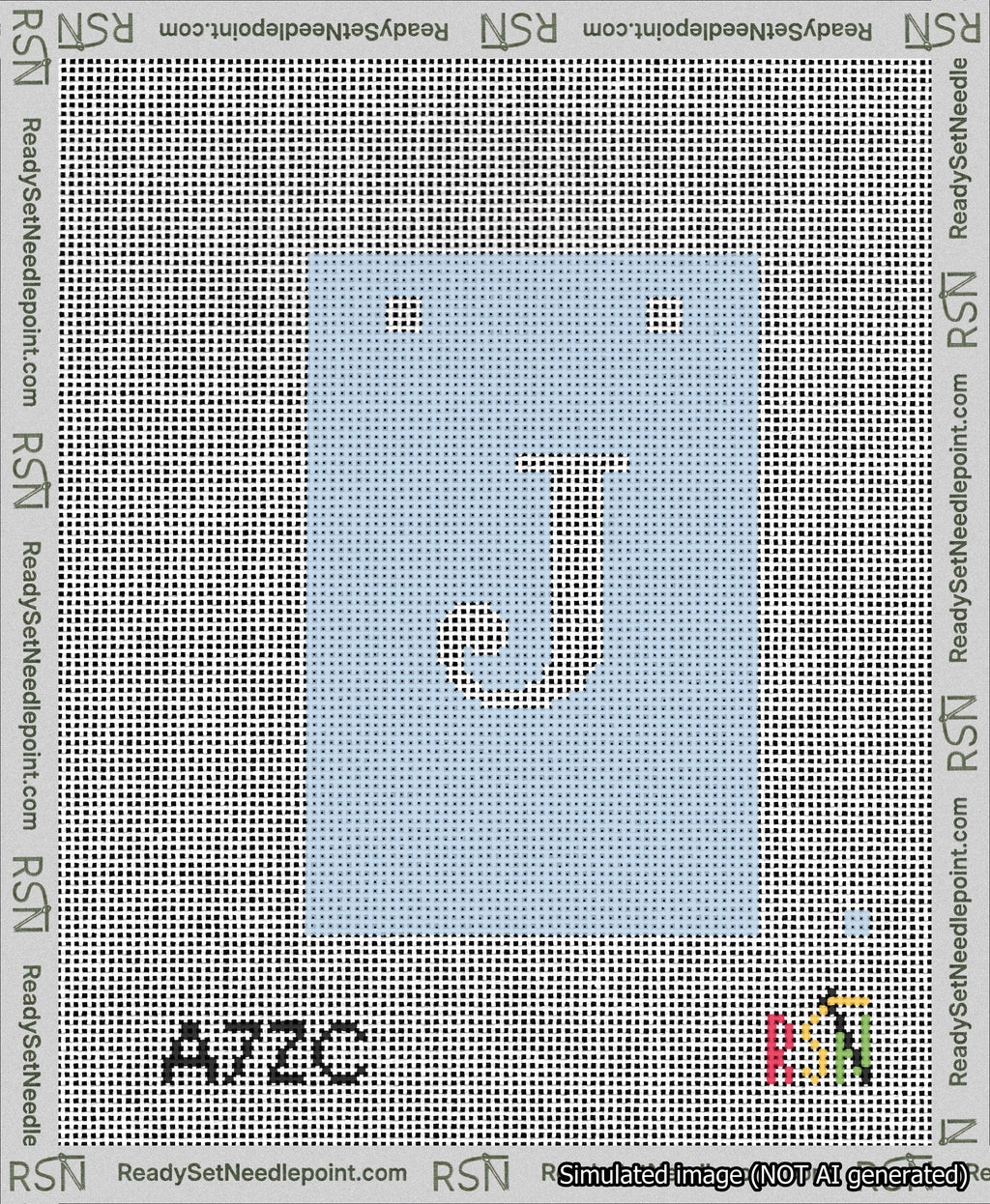 A taped needlepoint canvas with the design: Banner 13 mesh count Squared J White on Light Blue.