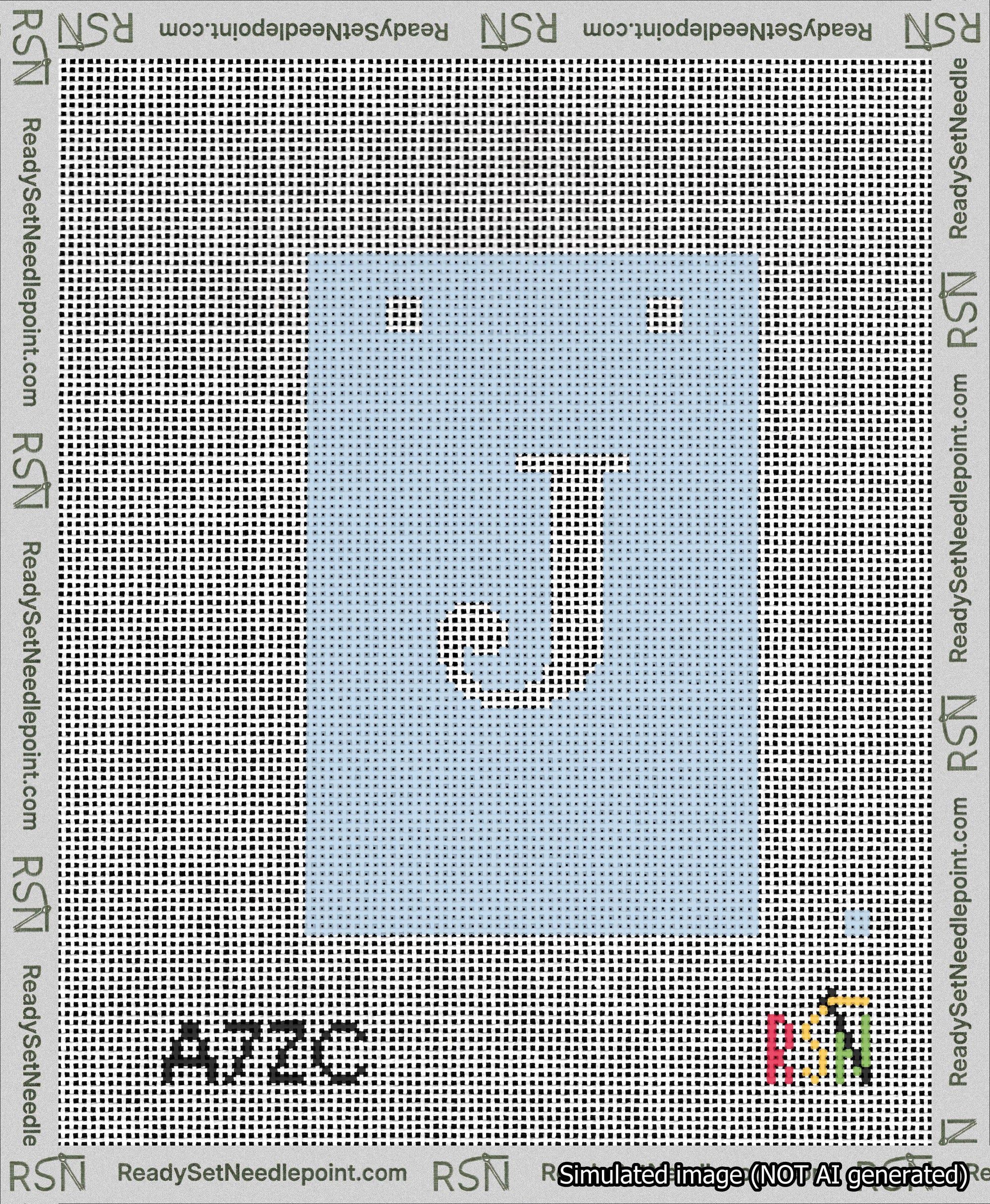 A taped needlepoint canvas with the design: Banner 13 mesh count Squared J White on Light Blue.