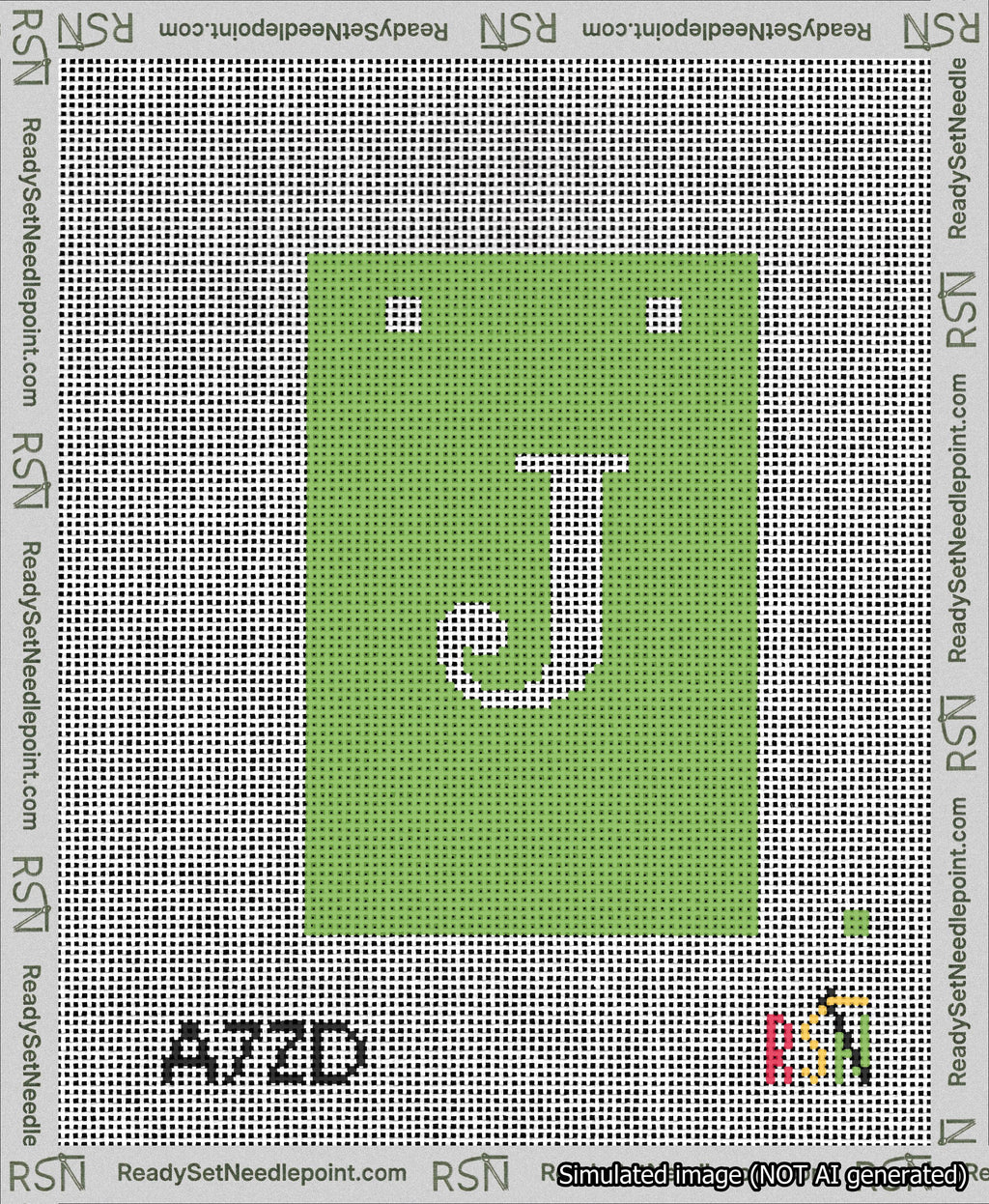 A taped needlepoint canvas with the design: Banner 13 mesh count Squared J White on Light Green.