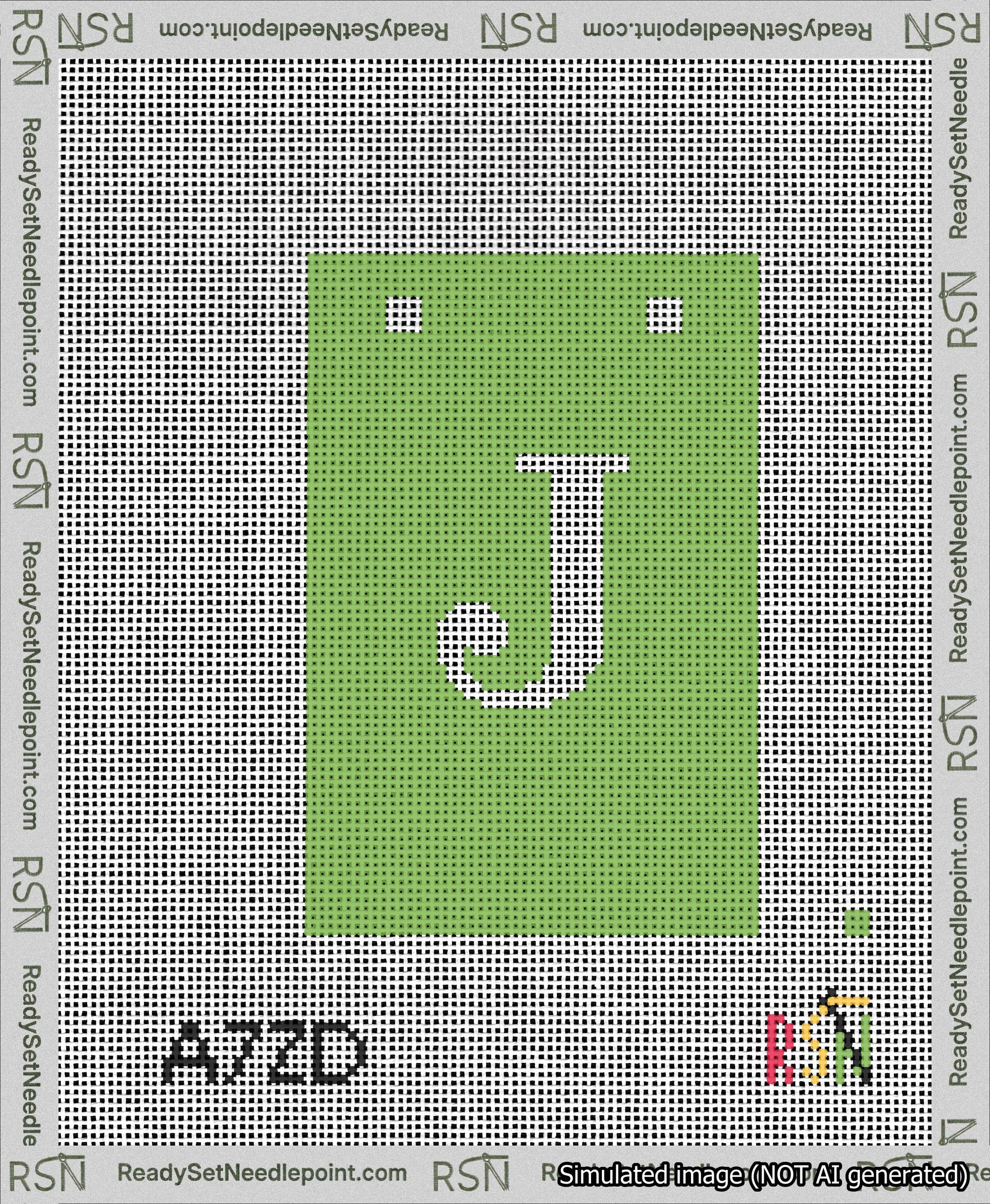 A taped needlepoint canvas with the design: Banner 13 mesh count Squared J White on Light Green.