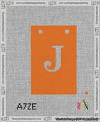 A taped needlepoint canvas with the design: Banner 13 mesh count Squared J White on Orange.