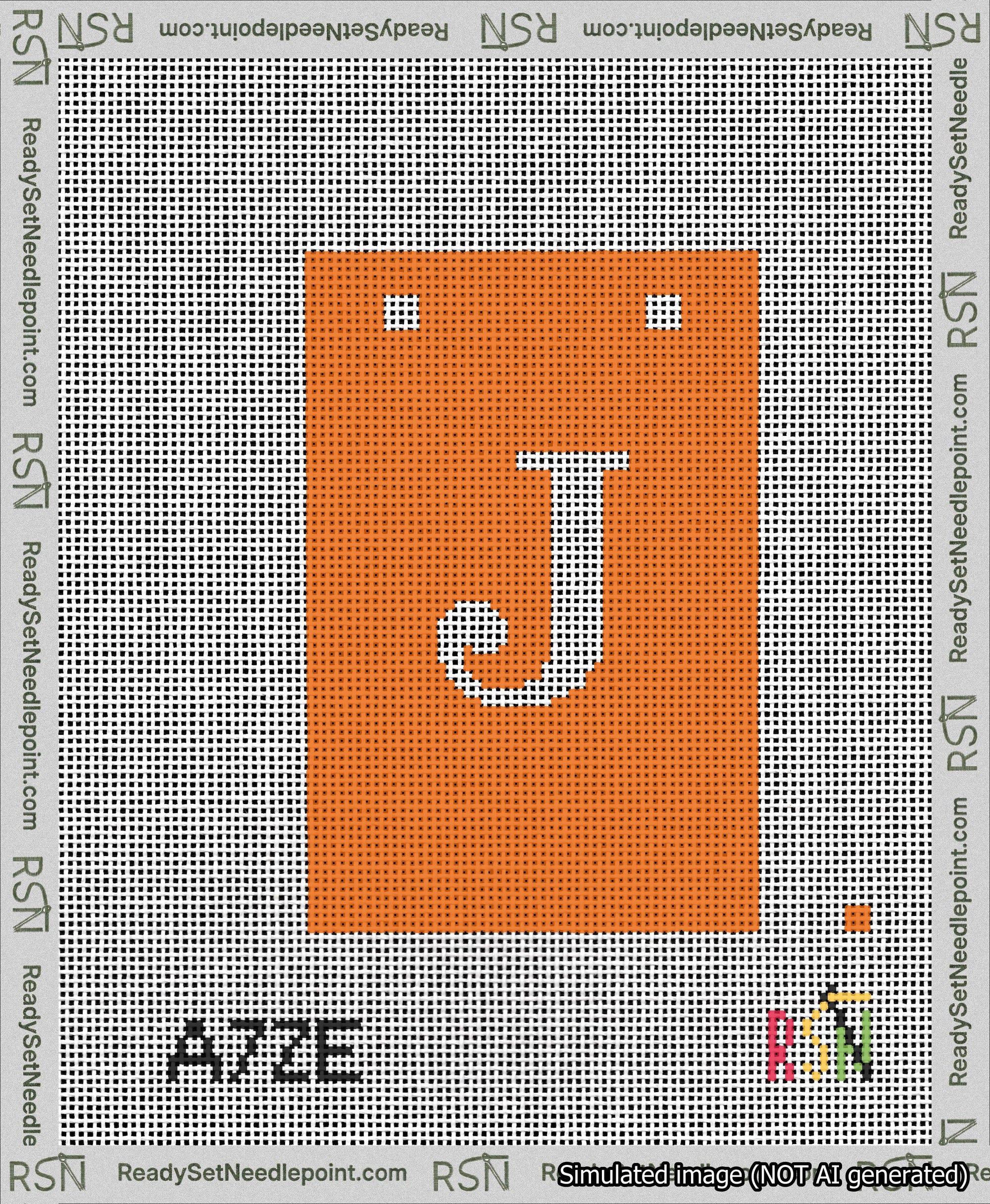 A taped needlepoint canvas with the design: Banner 13 mesh count Squared J White on Orange.