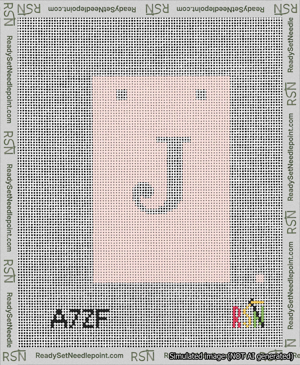 A taped needlepoint canvas with the design: Banner 13 mesh count Squared J White on Pink.