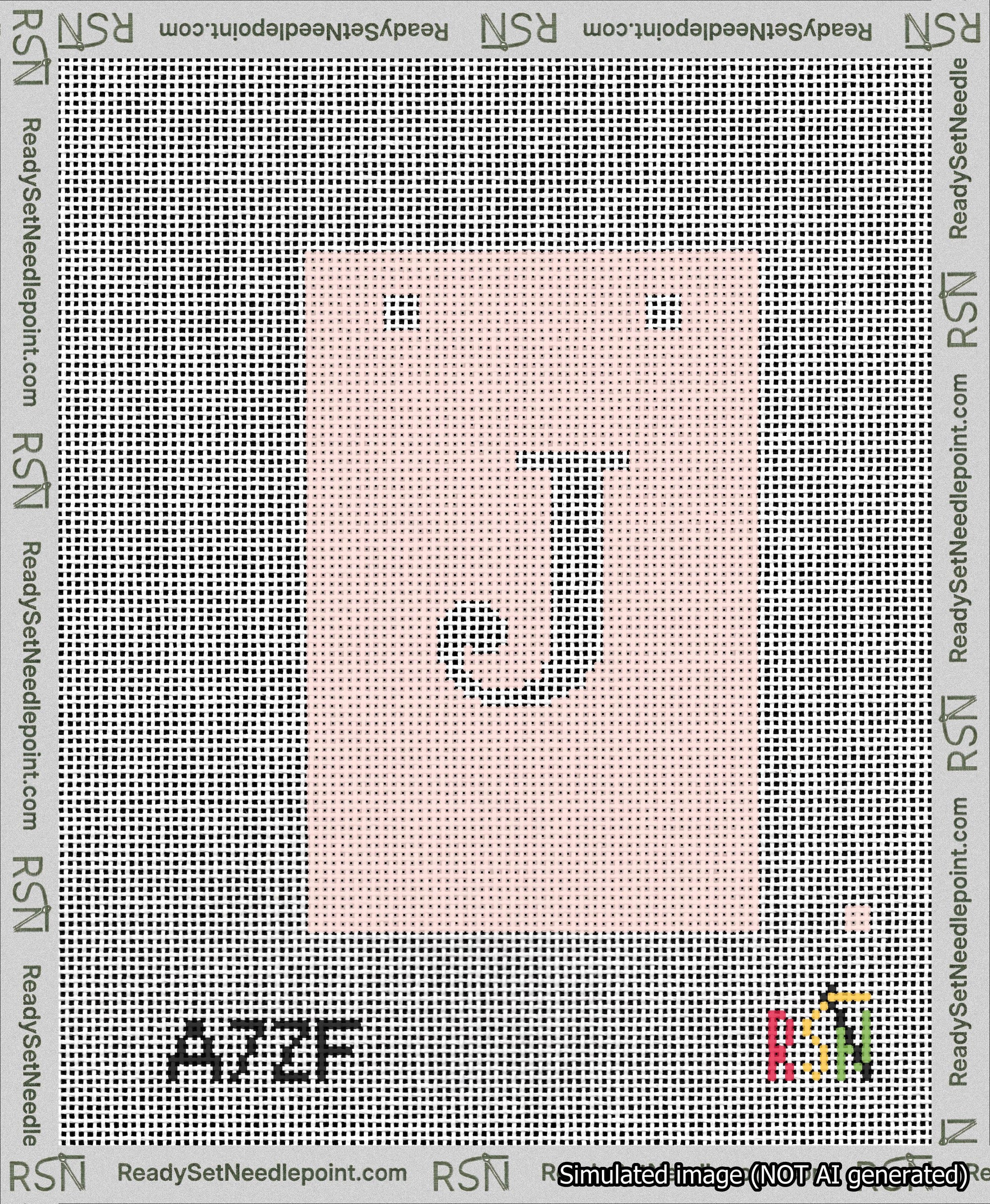 A taped needlepoint canvas with the design: Banner 13 mesh count Squared J White on Pink.