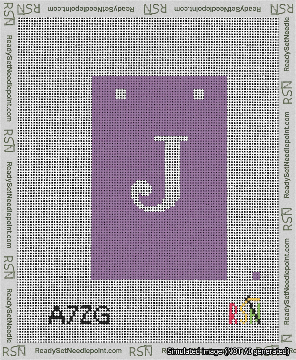 A taped needlepoint canvas with the design: Banner 13 mesh count Squared J White on Purple.