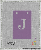 A taped needlepoint canvas with the design: Banner 13 mesh count Squared J White on Purple.
