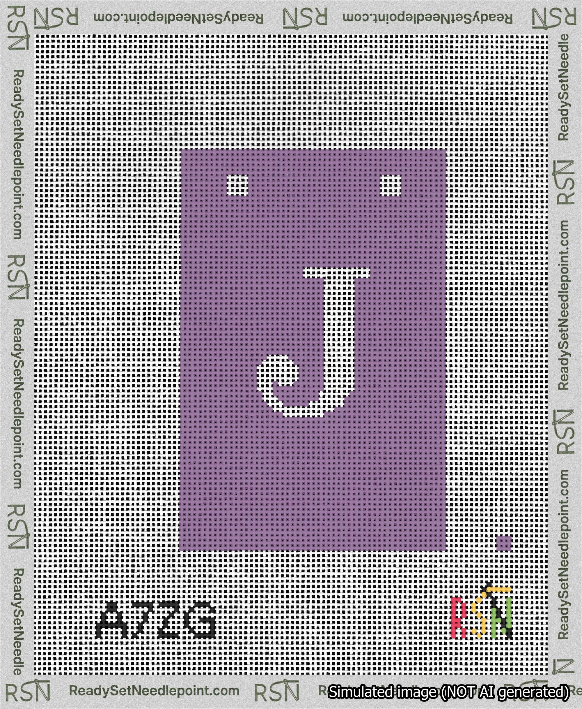 A taped needlepoint canvas with the design: Banner 13 mesh count Squared J White on Purple.