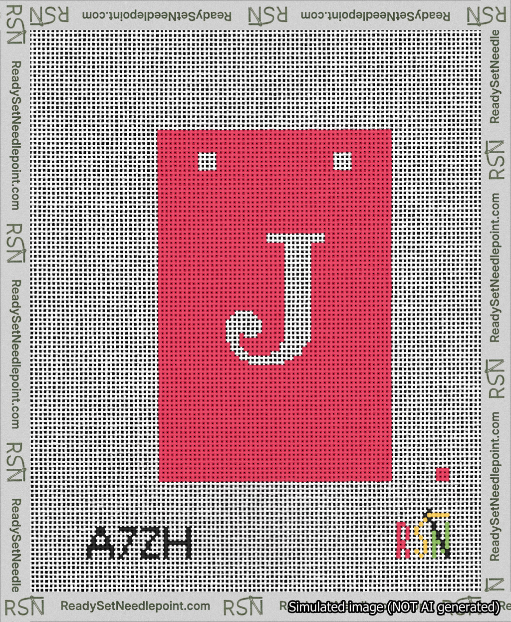 A taped needlepoint canvas with the design: Banner 13 mesh count Squared J White on Red.