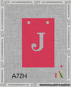 A taped needlepoint canvas with the design: Banner 13 mesh count Squared J White on Red.