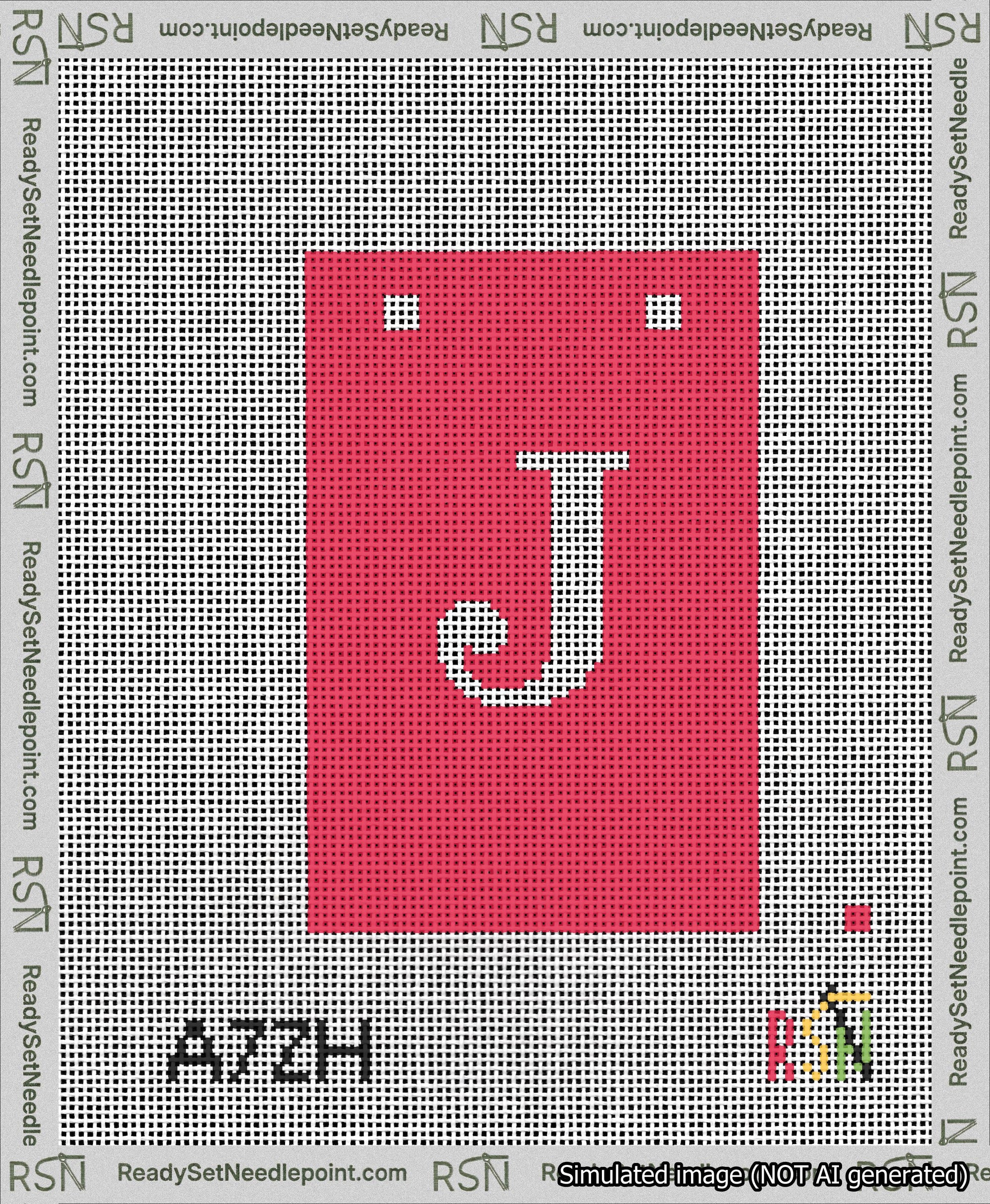A taped needlepoint canvas with the design: Banner 13 mesh count Squared J White on Red.
