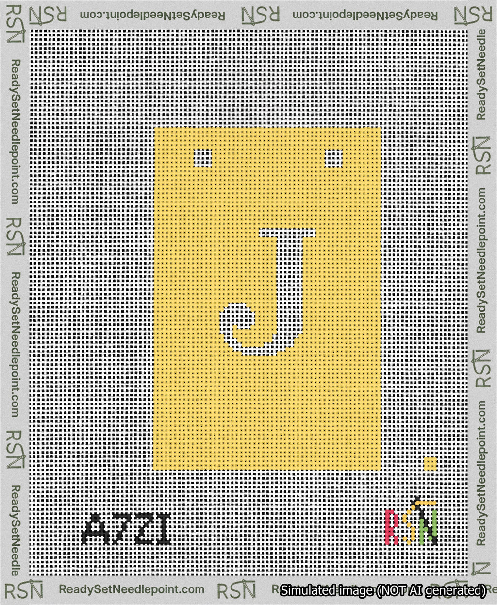 A taped needlepoint canvas with the design: Banner 13 mesh count Squared J White on Yellow.