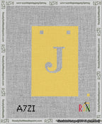 A taped needlepoint canvas with the design: Banner 13 mesh count Squared J White on Yellow.